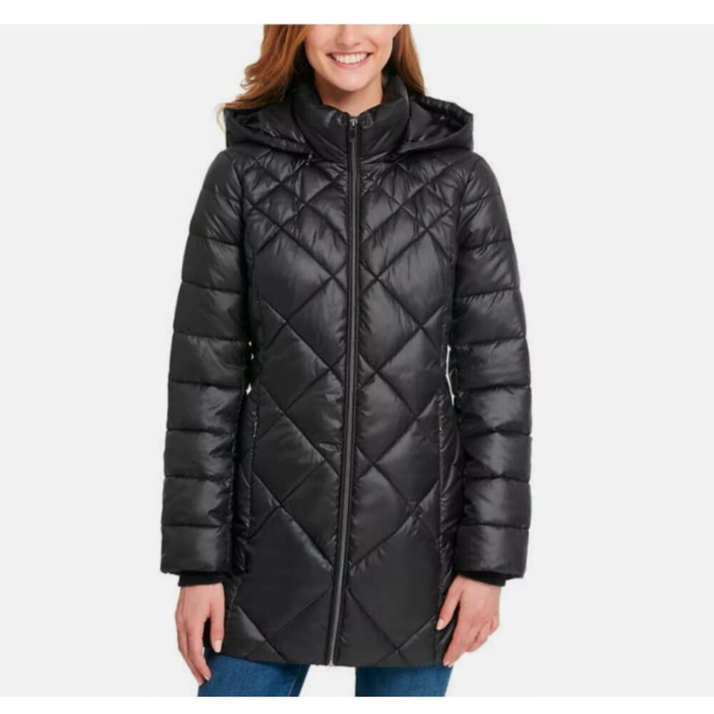 NEW Andrew Marc Women's Long Puffer Jacket with Hood, Black L